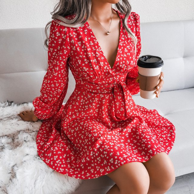 2038259 Tunique à Col en V pour Femmes avec Nœud Imprimé en Chiffon Floral Robe à Manches Longues
