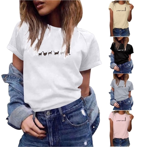 Trendfront Womens Cat Graphic T Shirts Crewneck Short Sleeve Cat Silhouette Print Casual Loose Fit Tee Tops Animal Lover Summer Shirts