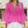 thumbnail image 2 of Hot Pink Womens Pleated T Shirts Gradient Loose Fit Tops Tee for Women Ruffle 3/4 Bell Sleeve Vneck Lounge Fall Summer Shirts 2025 Clothes Fashion XXL, 2 of 5