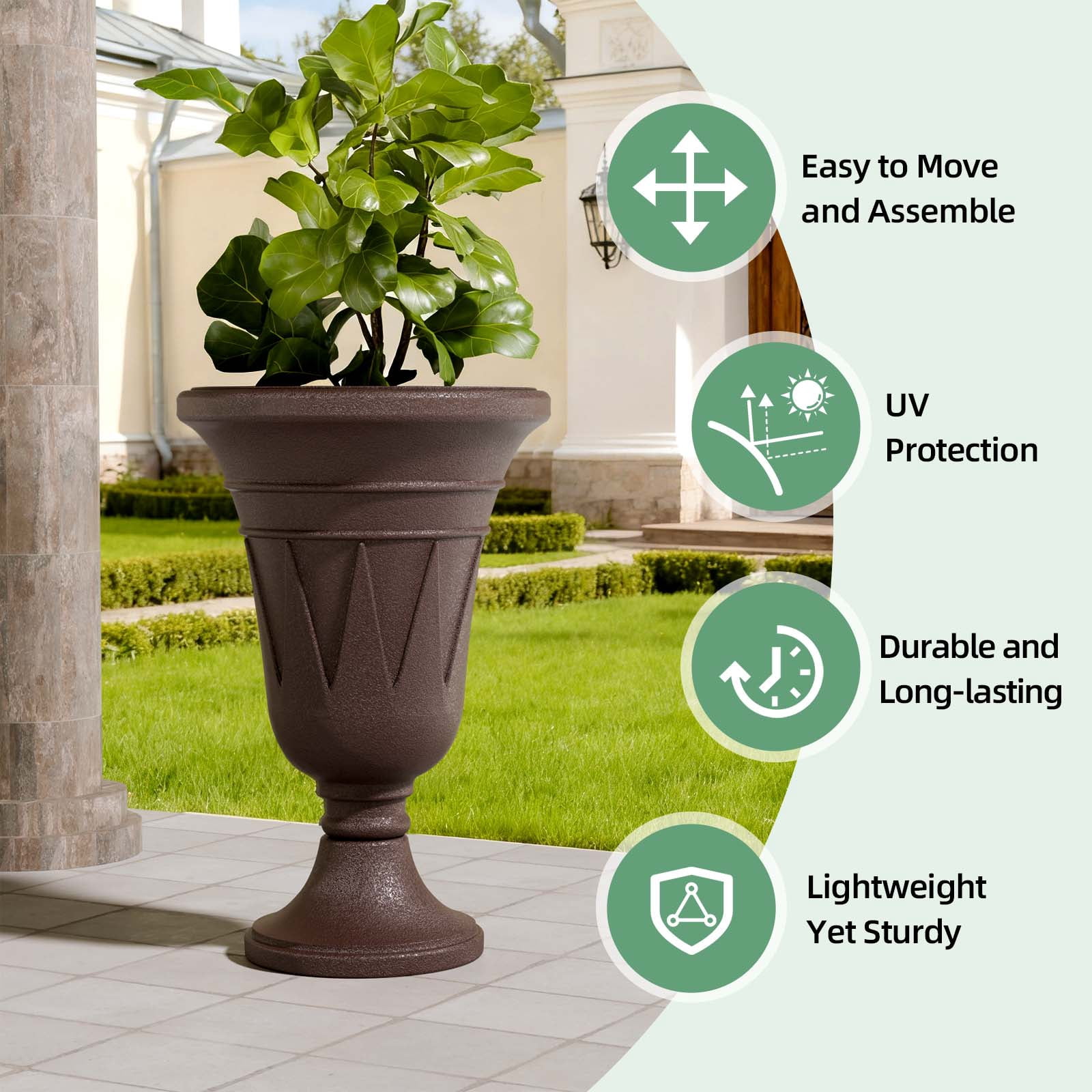 Chiccushion 23.6" Large Urn Planters for Outdoor Plants, Set of 2 Plastic Flower Pot for Wedding Party Bridal Shower Garden Patio Home Decor, Brown