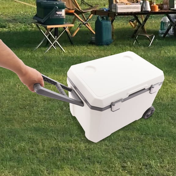 45L Insulated Portable Cooler with Wheels & Pull Rod, Rolling Ice Chest with Drainage Outlet & Cup Holders, for Camping BBQ Fishing Beverage (White/Gray)