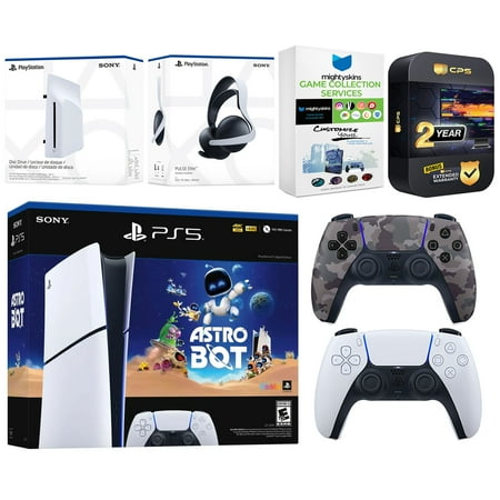 Sony PlayStation 5 Slim Digital Astro Bot Bundle with Disc Drive, Extra Controller, MightySkins Voucher and 2 Year Extended Warranty - Gray Camo