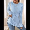 thumbnail image 4 of Camiseta de Larga A Rayas para Mujer, Cuello Redondo, Dobladillo con Abertura, Corte Entallado Azul XXL, 4 of 8