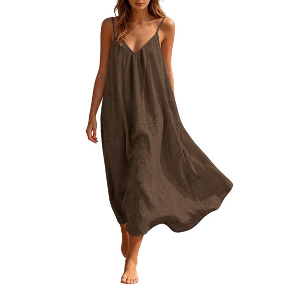 PLHWHYQ Women's Summer Flowy Maxi Dress Casual Sleeveless Spaghetti Strap Ruffle Beach Long Dresses B-Coffee M