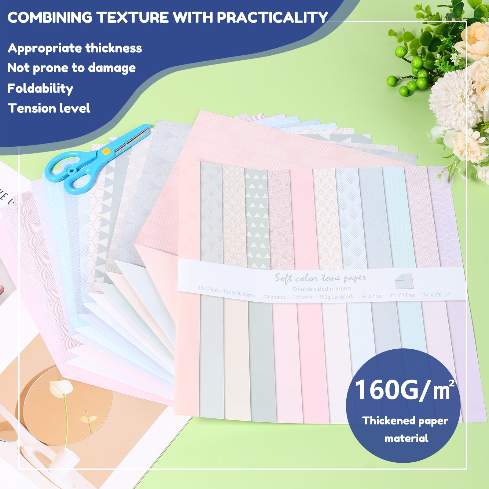 24 Sheet Aesthetic Scrapbook Paper Soft Color Pattern Paper Double Sided Printing for DIY Card Making Scrapbook Wedding Photo Album Home Decor 12 x 12 Inch