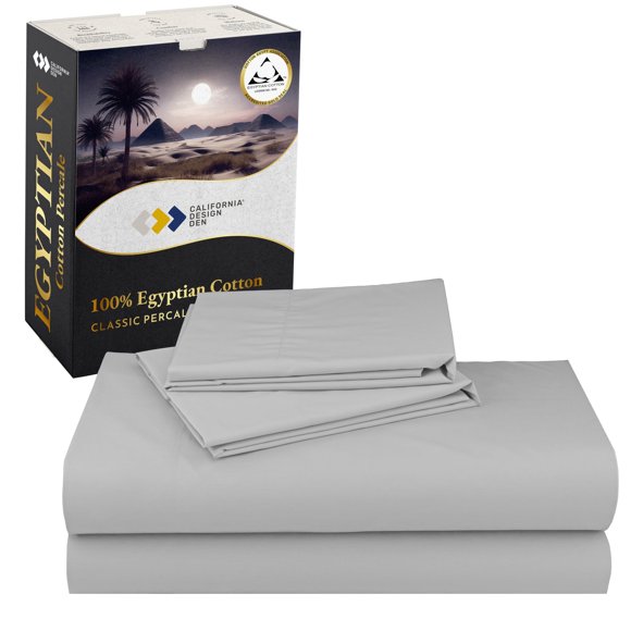 California Design Den Certified 100% Egyptian Cotton Sheets Cal King Size Set - Percale Sheet Set with Deep Pockets Lightweight Crisp Cool & Durable Luxury Bedding - Light Grey