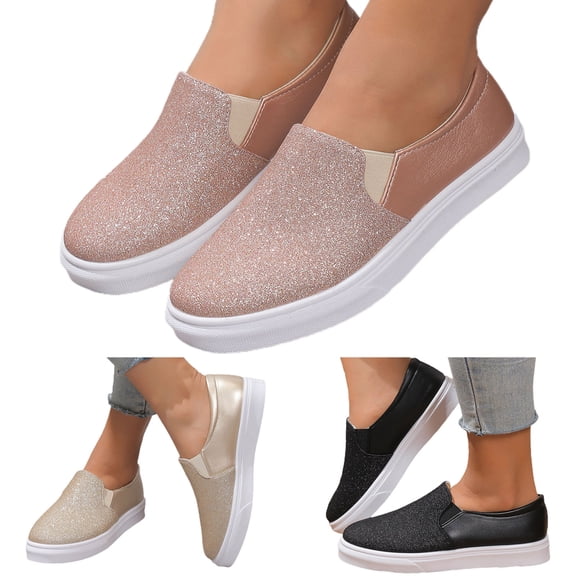 Modisza Womens Walking Shoes Sparkly Flat Casual Sneakers Round Toe Platform Slip on Work Shoe Ladies Summer Outdoor Loafers 6.5 Black