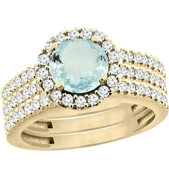 14K Yellow Gold Natural Aquamarine 3-Piece Bridal Ring Set Round 6mm Halo Diamond, size 5.5