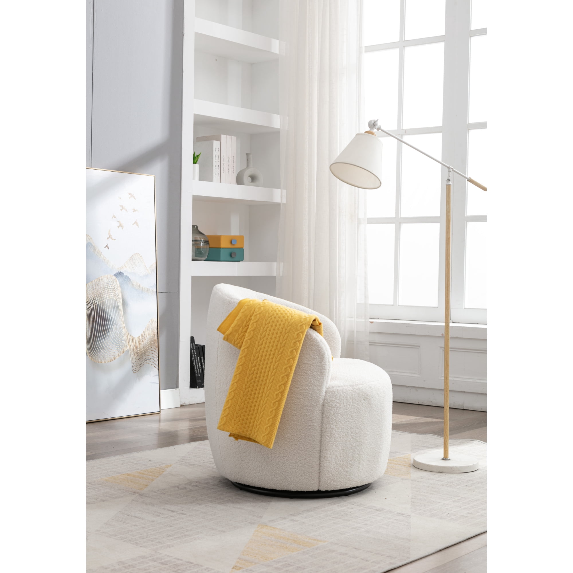 Leumius Teddy Fabric Swivel Accent Armchair Barrel Chair With Black Powder Coating Metal Ring for Bedroom Sunroom Reading Nook Ivory White