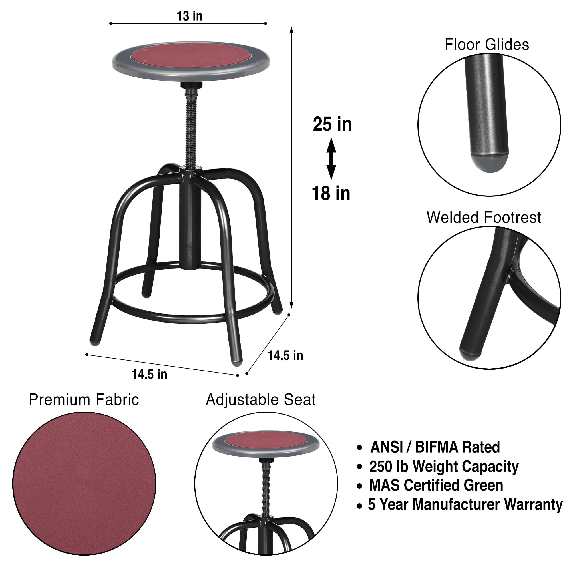 Vince Swivel Stool with Steel Seat, Black Frame, Grey Seat with Burgundy Center