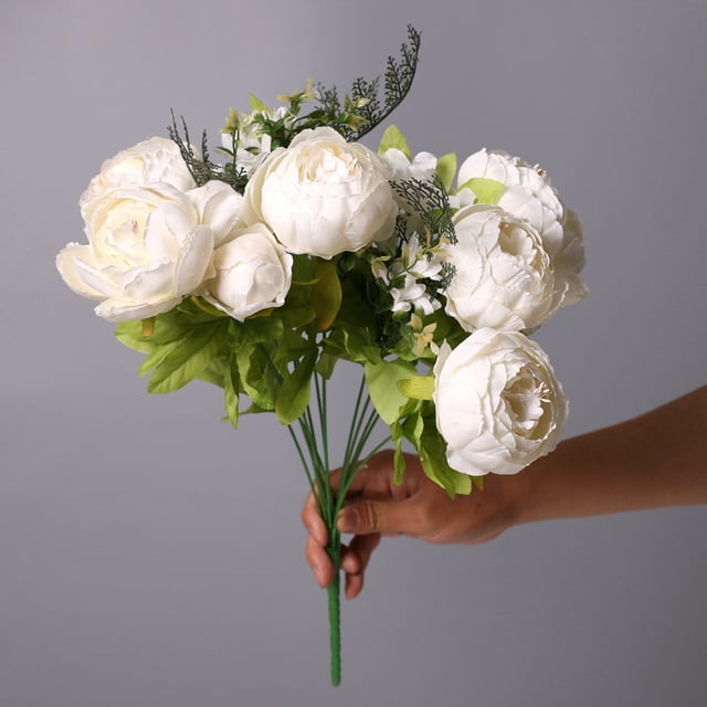 Nvzi Ramo de peonías artificiales de estilo europeo, 13 flores de primavera, ramos de peonías de seda artificiales, decoración para bodas, aniversarios, ramos de flores, 16