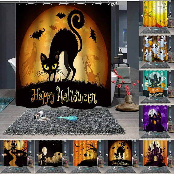 Floleo Happy Halloween Shower Curtain Orange Pumpkin Dead Tree Full Moon Night Scary Castle Party Bat Horror Tombstone Haunted House Art Green Fabric Decor For Bath Curtain