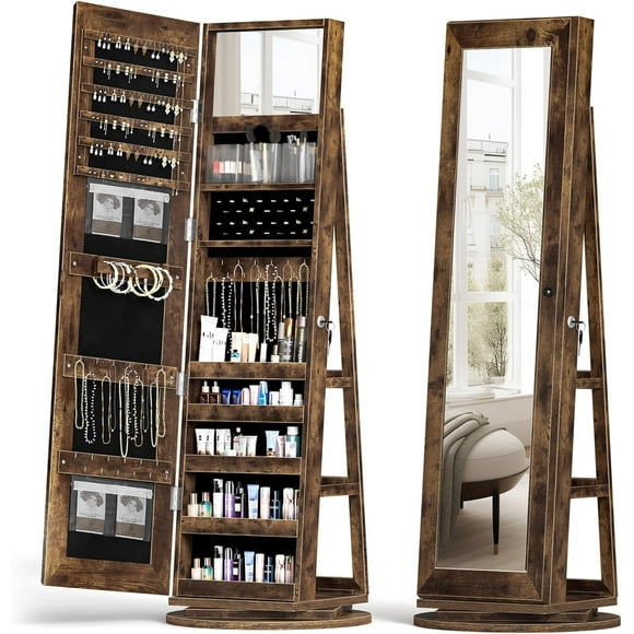SDHYL Jewelry Storage Cabinet with Mirror, 360° Rotating Standing Jewelry Organizer, Full Length Mirror with Storage Wooden Jewelry Boxes & Organizers, Rustic Brown
