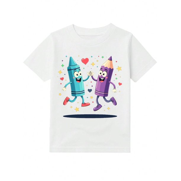 Girls & Boys Cartoon Crayons Cotton Graphic Tees, Back To School Clothes Girls, Black Vibrant Fun Summer Shirts With Crayon Characters, Gift For First Day of School, Round Neck Short Sleeve T-Shi