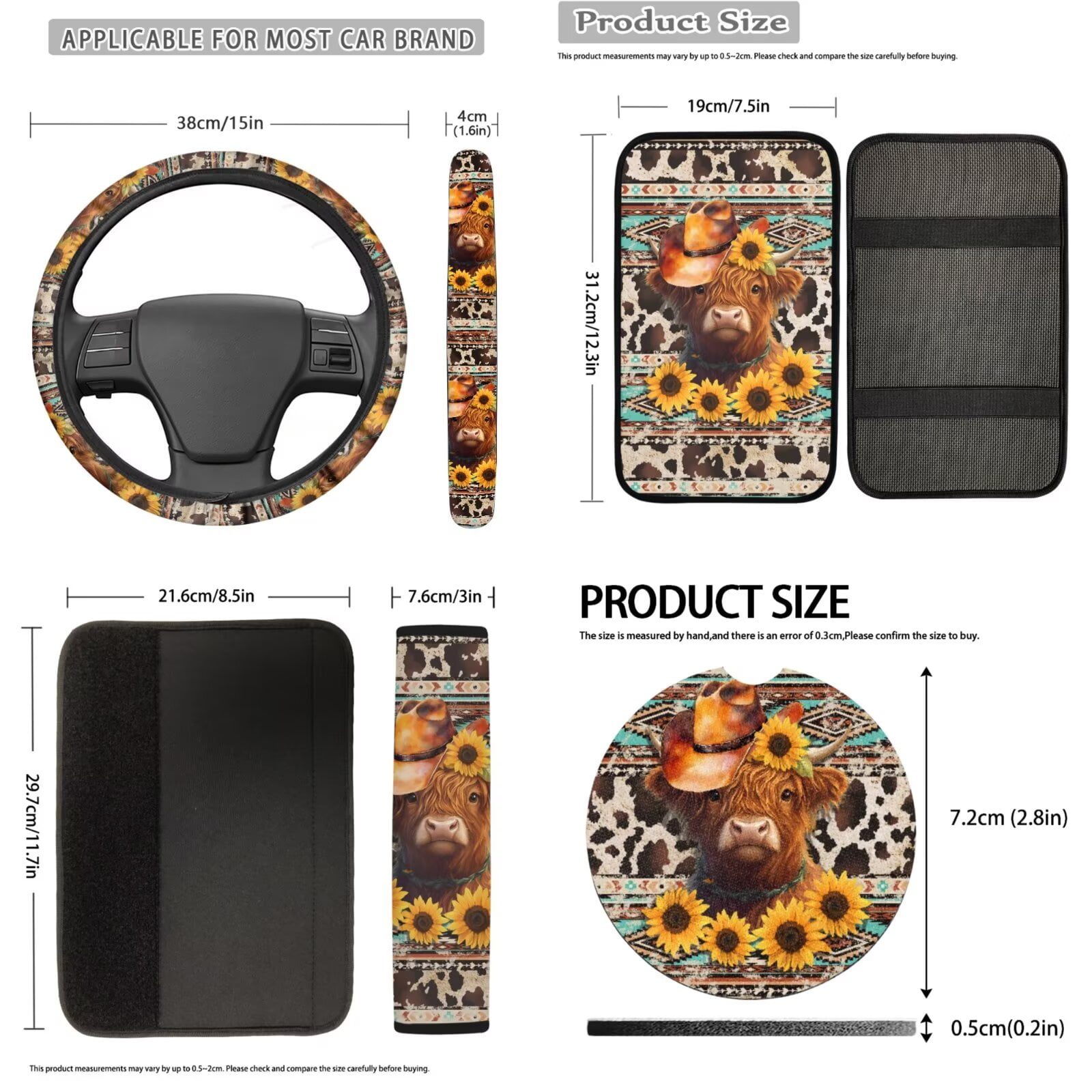 Uorisanigo Aztec Highland Cow Car Seat Covers Full Set Steering Wheel Cover Pack of 18 Universal Center Console Pad,Seat Belt Strap Pads,Hand Brake Headrest Gear Shift Cover,Coasters,Keychain