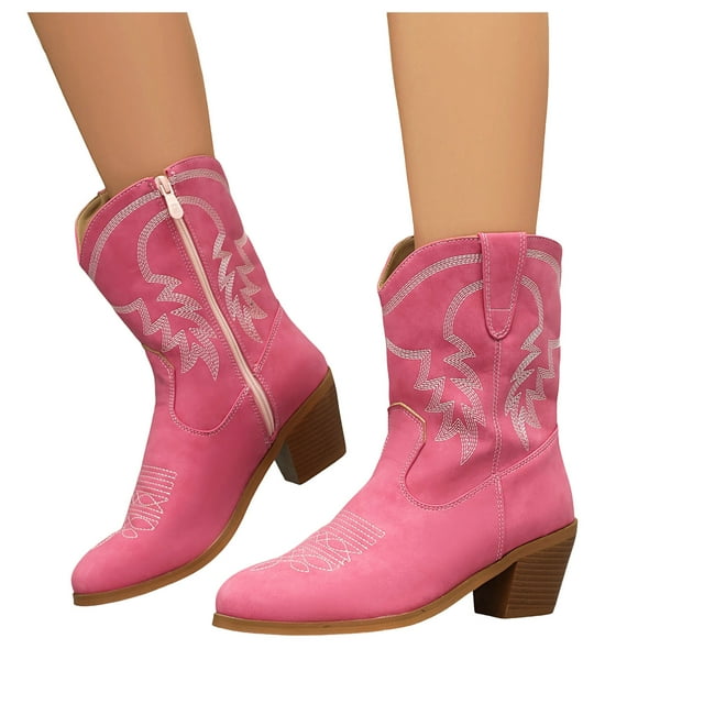 Womens Wide Mid Calf Cowboy Riding Boots Size Zipper Casual Leather Pointed Toe Cowgirl Dress Short Boots
