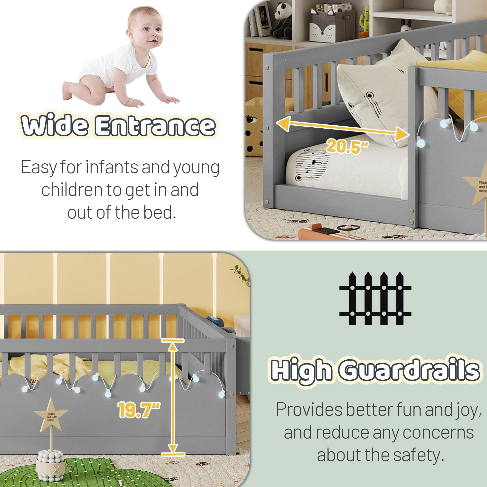 Mirightone Twin Montessori Floor Bed with  Rails and Storage Shelf, Wood Floor Bed Frame with Light for Boys Girls, Gray