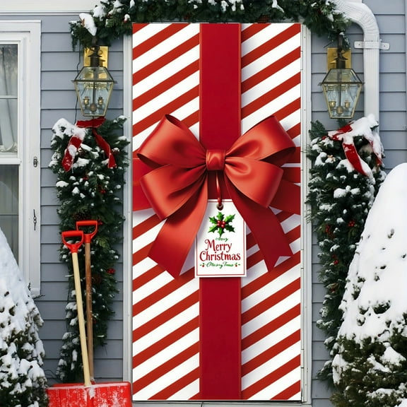 Btomtd Christmas Themed Door Cover for Holiday Season with Large Bow Pattern Decoration and Front Door Curtains for Front Entryway Decor - 35.43"x78.74", A
