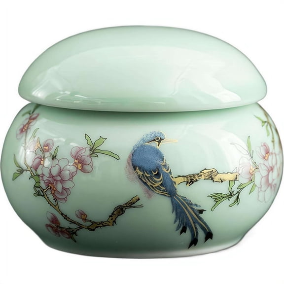 1Pack Mini Ceramic Tea Canister – Handpainted Bird & Peach Blossom Design, 2.16″ Diameter, Airtight Lid for Tea, Spices or Small Trinkets 