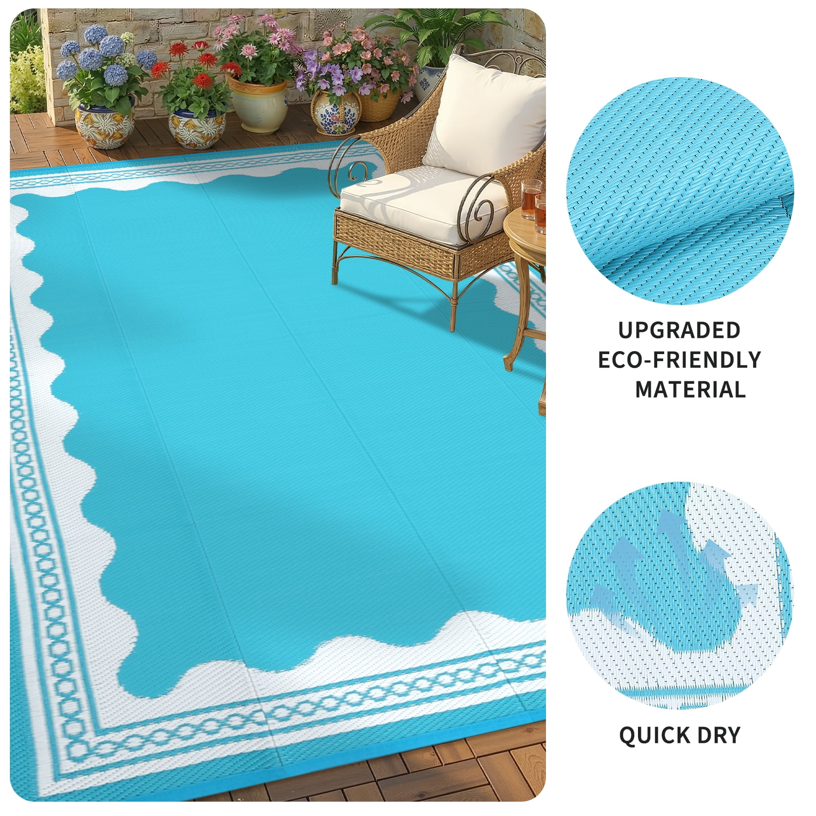 HIWEAVER Light Blue 9'x 12' Outdoor Rug Garden Decor Scolloped Bordered Carpet Plastic Straw Waterproof Reversible Patio Area Rug for Balcony Deck Picnic Portable Camping Mat