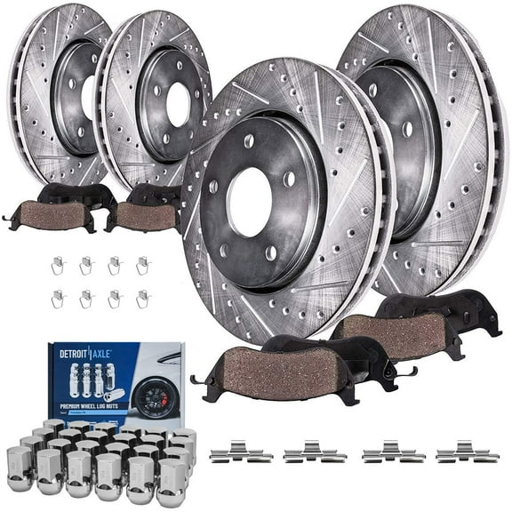 Detroit Axle - Brake Kit for 2013-2018 Ram 1500 Drilled Slotted Disc Brake Rotors Ceramic Brakes Pads 24pc Wheel Lug Nuts 2014 2015 2016 2017 Front & Rear Replacement