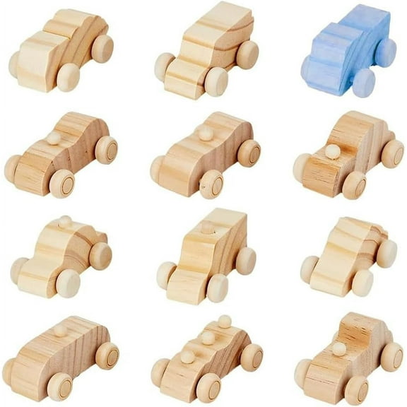 12Pcs 12 Styles Unfinished Wooden Cars Mini Car Ornaments Paintable Wood Cars for DIY Handcraft Projects Home Activities 1.24~1.6inch BurlyWood