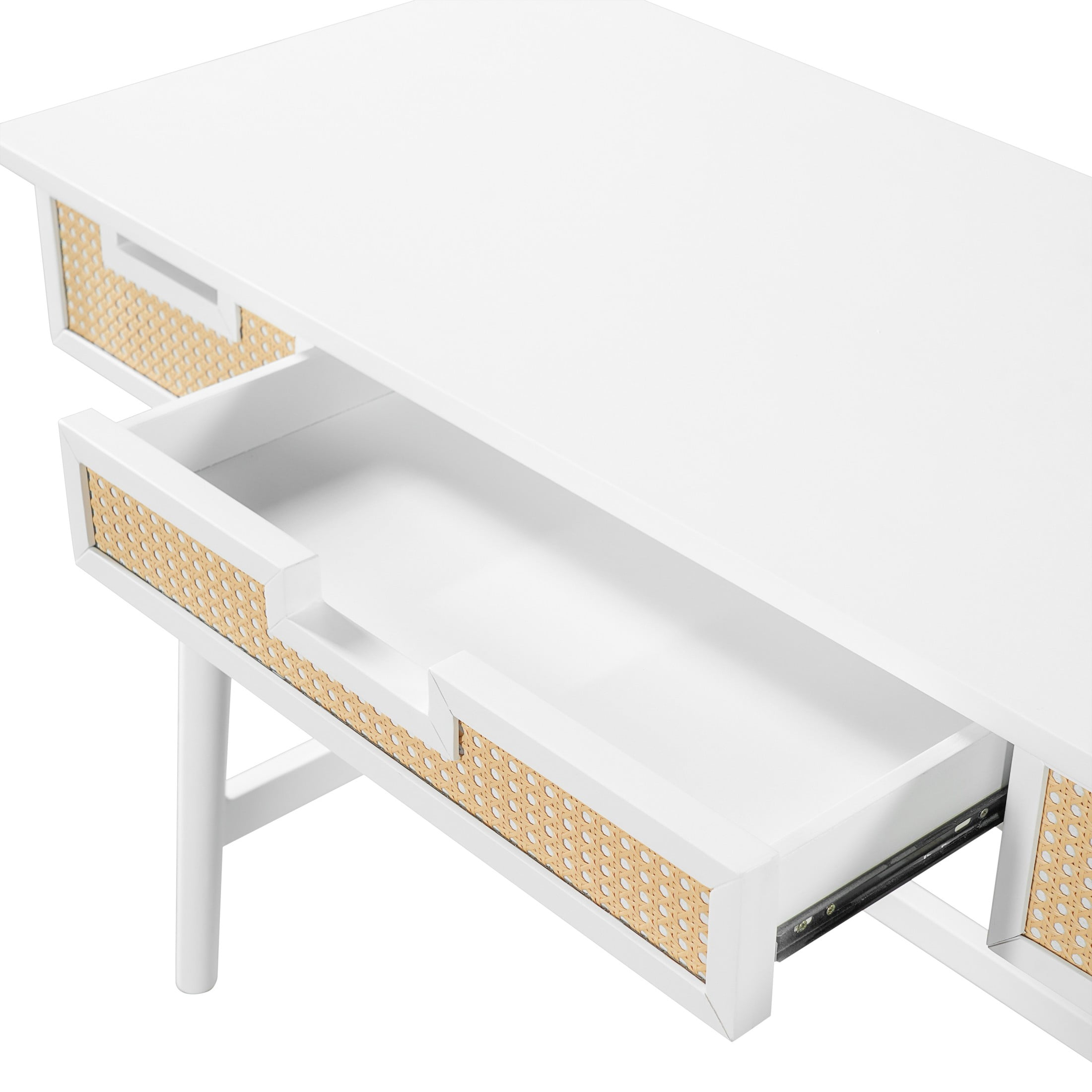 Christopher Knight Home 51" Writing Desk with 3 Rattan Drawers, Wood Vanity Workstation, White