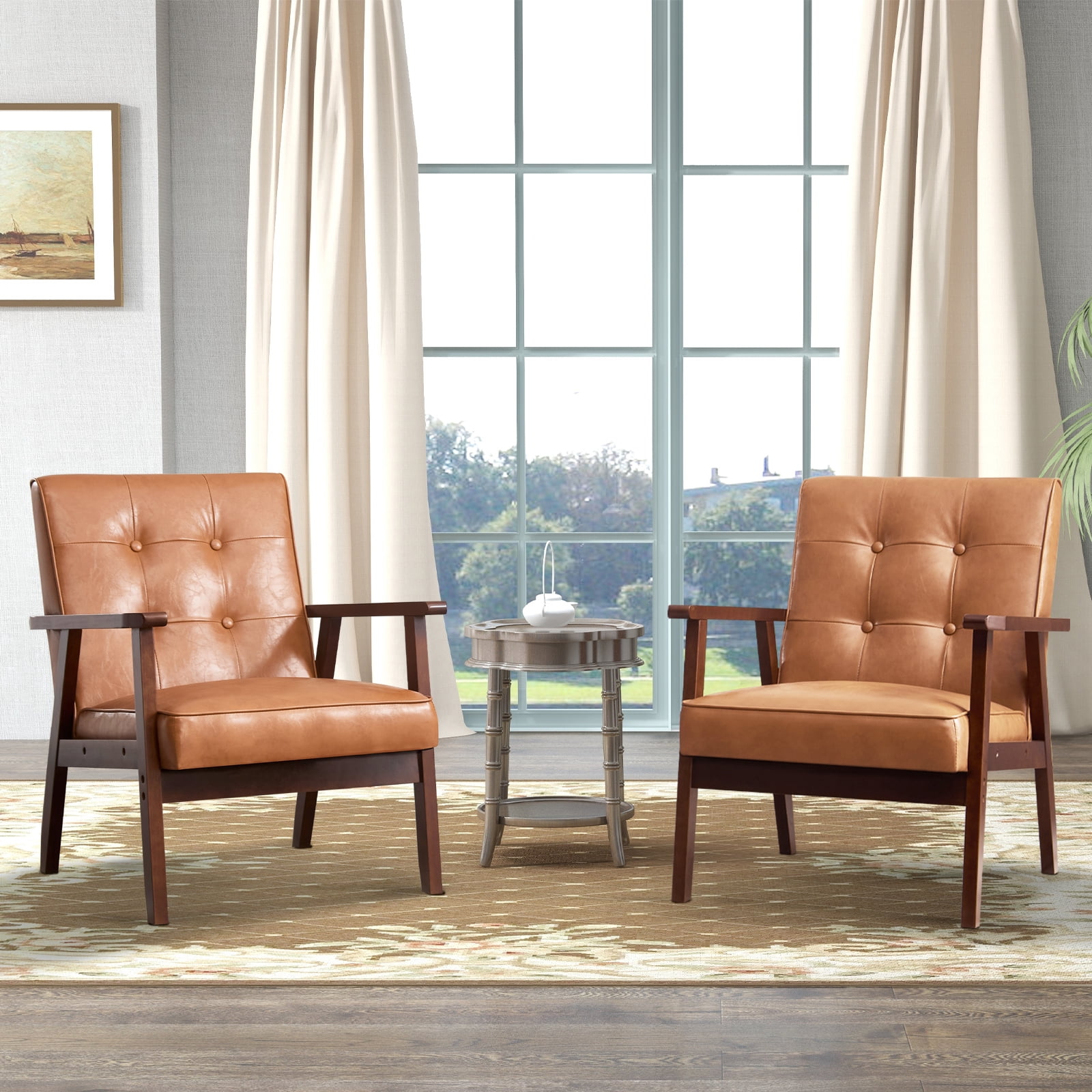 Bonzy Home Accent Chair Set of 2 Mid Century Modern PU Leather Armchair with Wood Frame for Living Room Bedroom Study Room, Easy Assembly, Brown