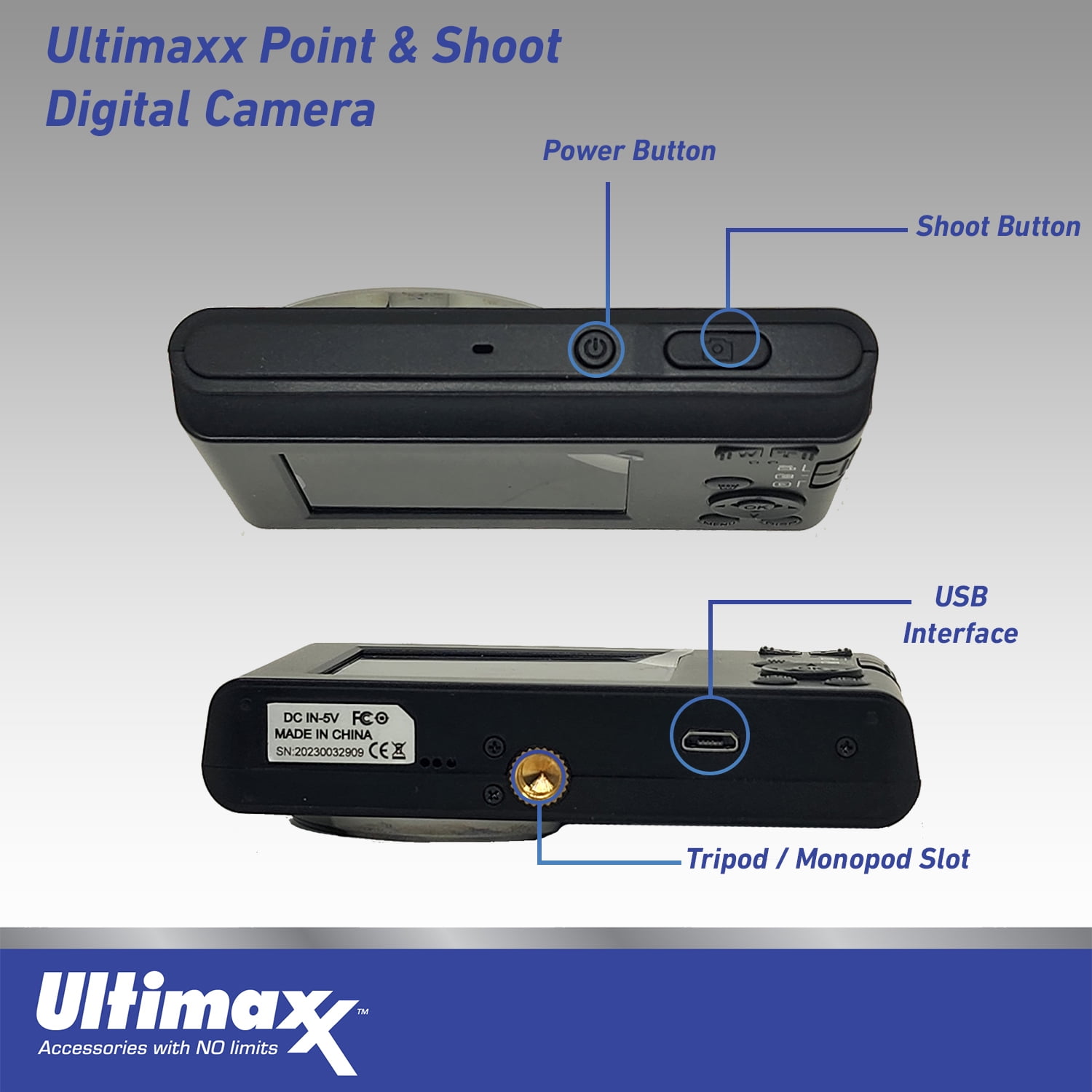 Ultimaxx 44MP Portable Point & Shoot Digital Camera with 16x Digital Zoom, 32GB SD Card, Case & USB Cable, Black