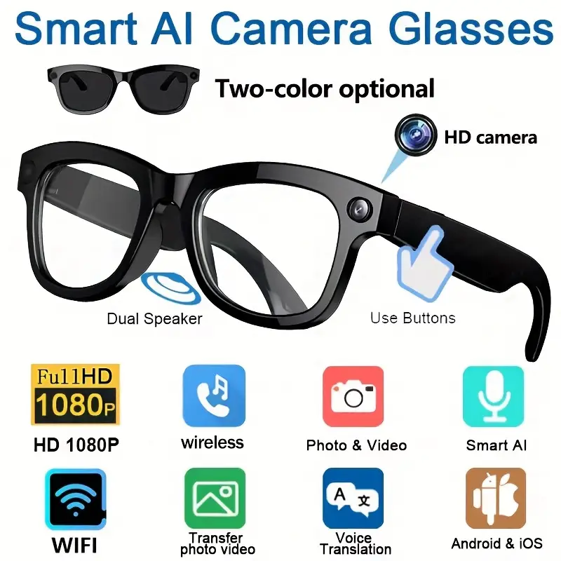 Smart AI Camera Glasses with HD Video Recording, Built-in Speakers, Voice Assistant & Blue Light Protection