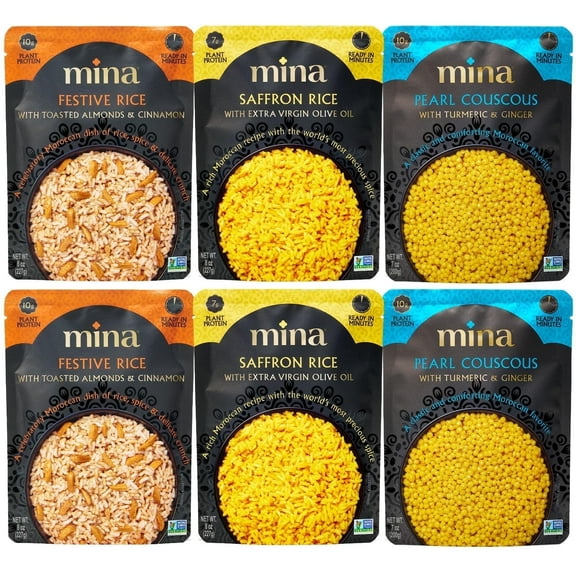 Mina Saffron Rice, Festive Rice, Pearl Couscous, variety pack of 6, Ready to Eat, Microwavable, Vegan Protein, Non-GMO, Gluten free
