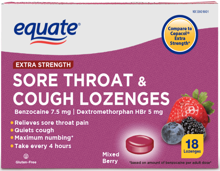 Equate Extra Strength Sore Throat & Cough Lozenges, Mixed Berry, 18
