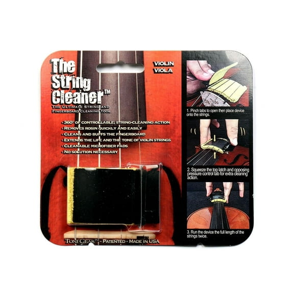 Violin & Viola String Cleaner - Fingerboard Cleaner - 360 Degree Scrubber & Maintenance Tool for Stringed Orchestra Instruments - Cleanable Microfiber pads - No Solution