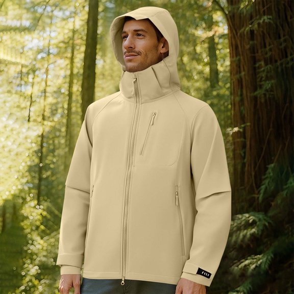 Zedker Mens Rain Jacket Hoodies Raincoat Windbreaker Running Waterproof Lightweight Travel Hiking Cycling with Pockets Beige L