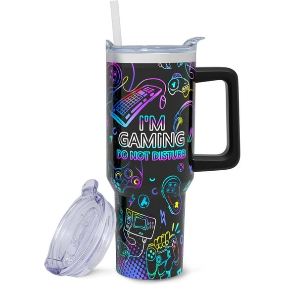 Gamer Gifts for Men, Gamer Tumbler, 40 oz Gaming Tumbler with Handle and Straw and Leak Proof Lid, Reusable Stainless Steel Insulated Gamer Coffee Mug, Cool Gifts for Gamer