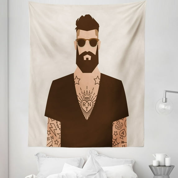 Young Man Tapestry, Illustration of Cartoon Hipster Character with Sunglasses Tattoos, Fabric Wall Hanging Decor for Bedroom Living Room Dorm, 5 Sizes, Brown Beige, by Ambesonne