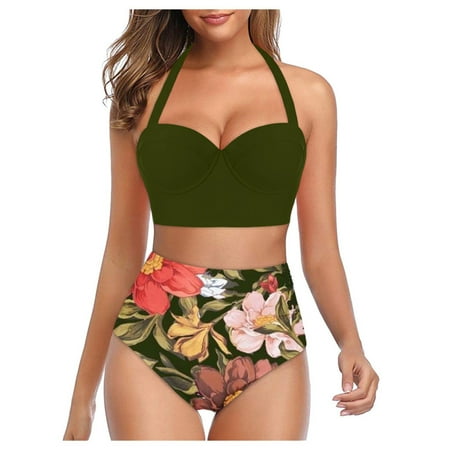 Finelylove Swimsuit Women Two Piece Padded Halter Bra Style High Waist Green XXXXXL