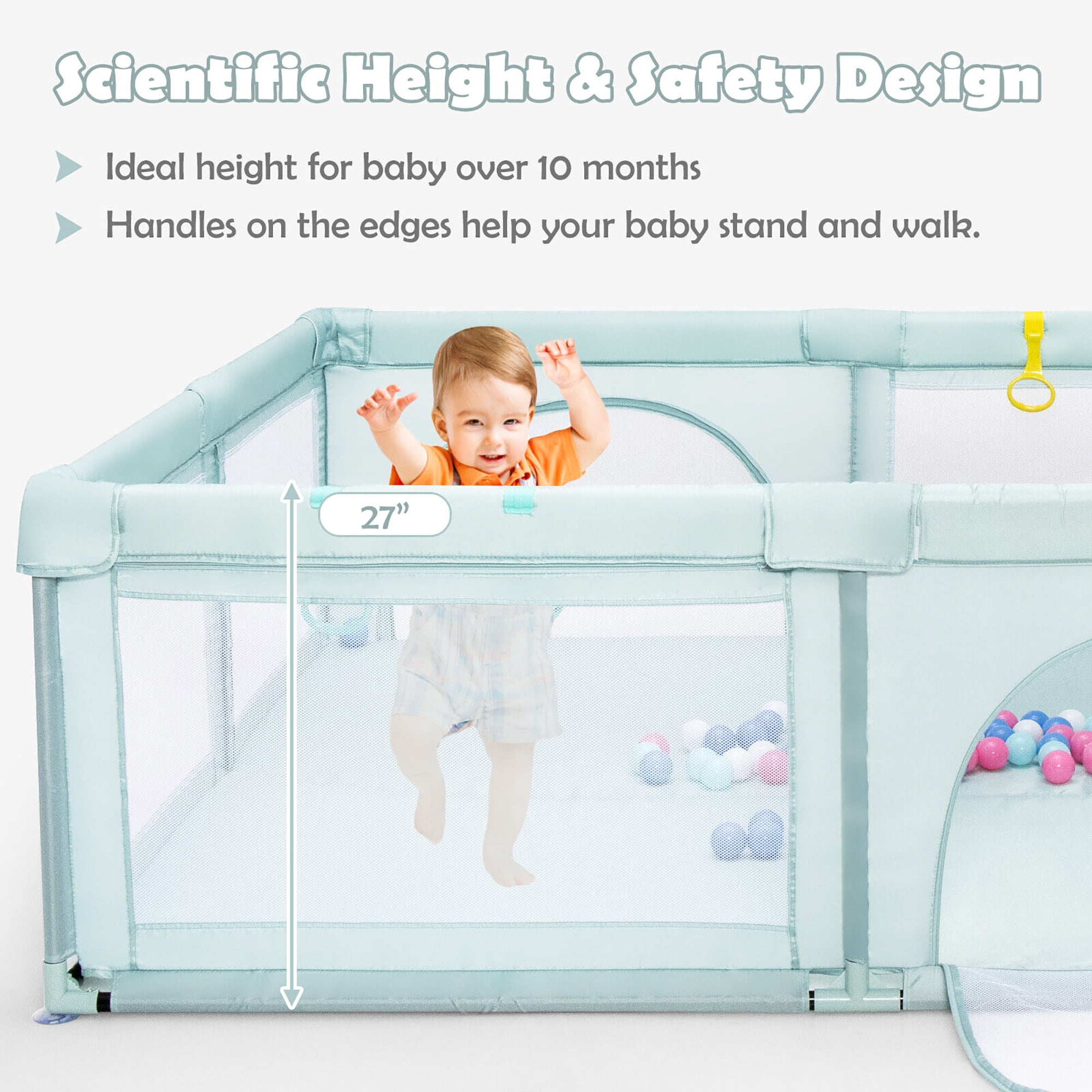 Gymax Extra Large Baby Playpen Safety Baby Play Yard w/ 50 Ocean Balls & 4 Handles Blue