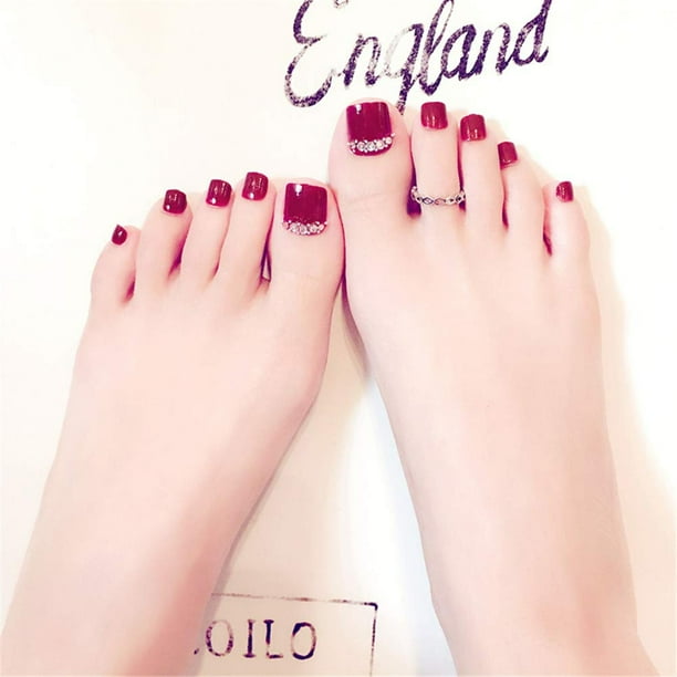 Puntas para uñas de los pies, 24 piezas/caja, patrón de flores, diamantes de imitación, uñas artificiales falsas, uñas postizas, rendimiento sólido