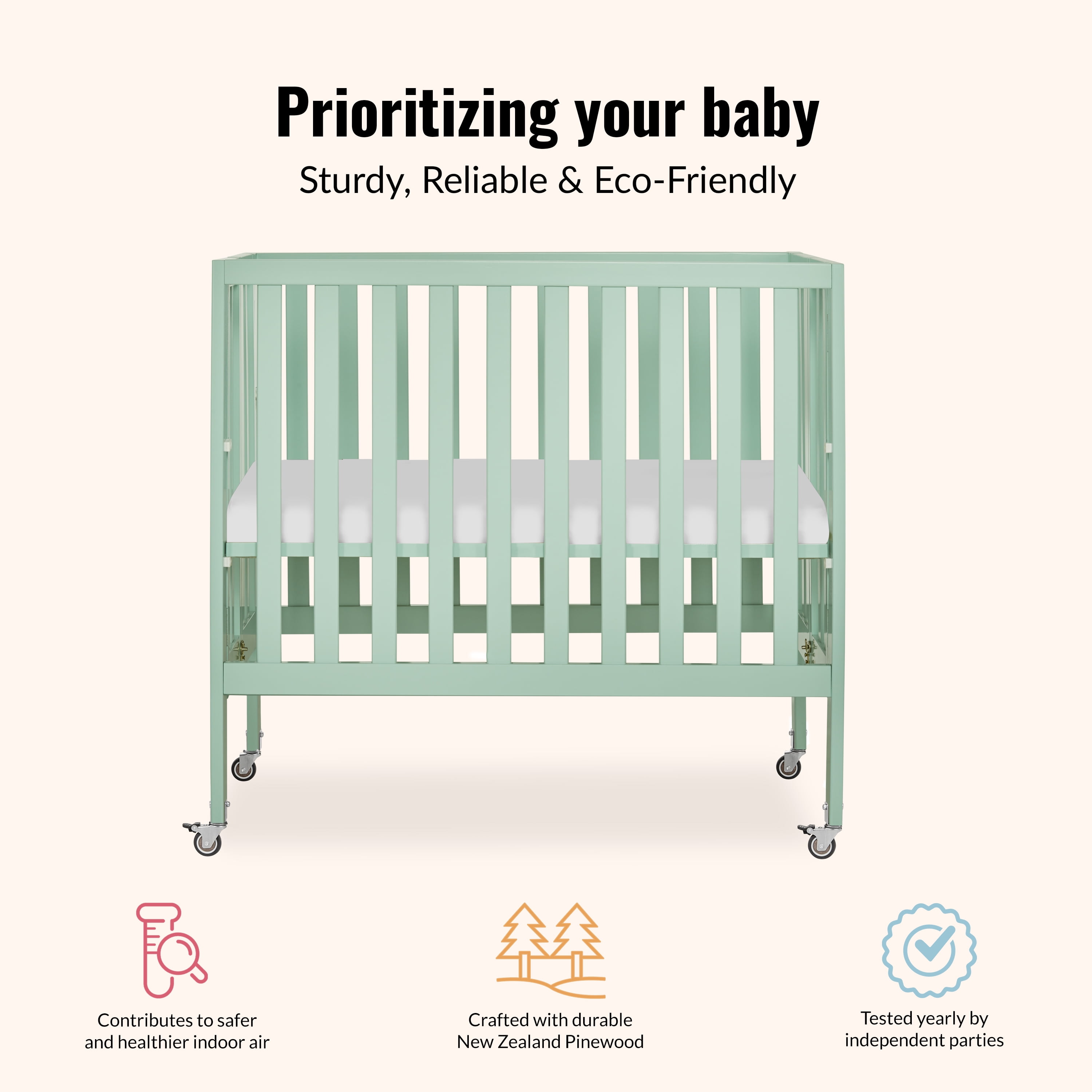Dream On Me Jett Non-Full Size Folding Crib I Removable Wheels I Modern Nursey I Adjustable Mattress Support I Patent Folding System I Included 2.5” Mattress In Mint