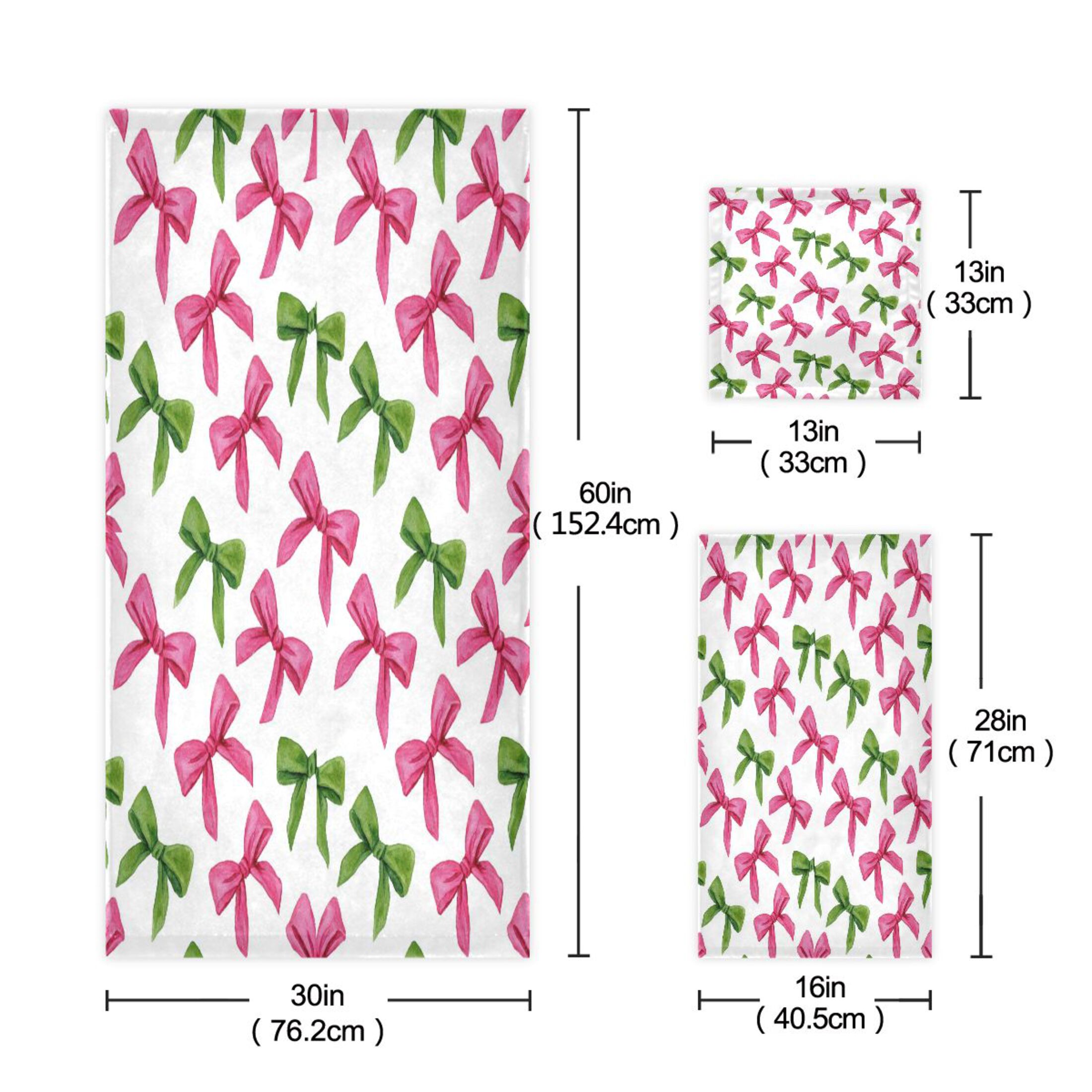 3 Piece Bath Towels Set Bath Towel, Hand Towel and Face Towel for Bathroom, Gym, Hotel Pink Bows and Green Ribbons