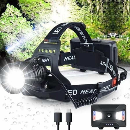 Headlamp Rechargeable, 5000 Lumen Bright Headlamp, 60H Long Battery Life, 3 Modes & Sensor, Zoomable, Battery Powered Headlamps, Power Display, Waterproof Head Lamp for Camping, Hunting