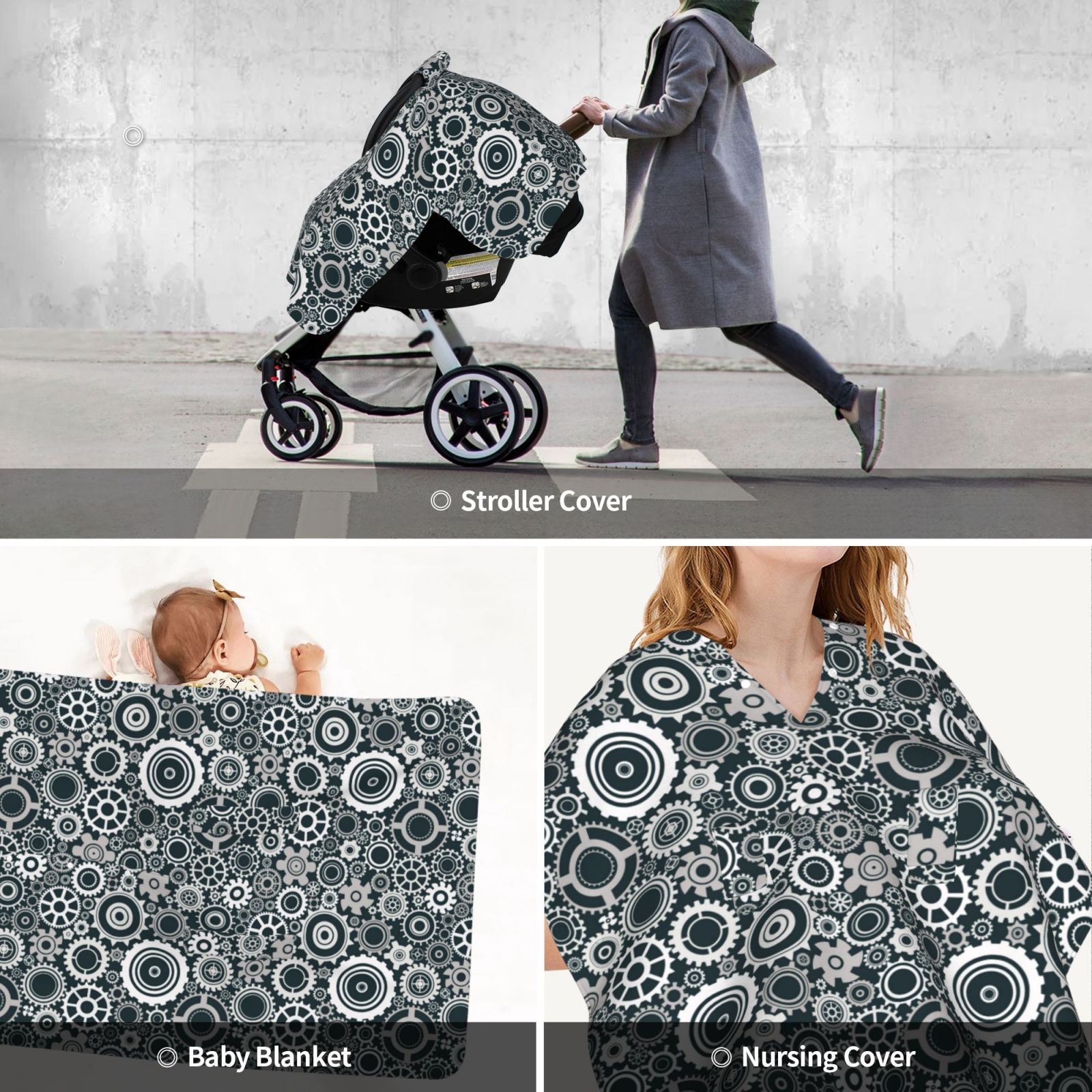 Car Seat Cover Baby - white gear Pattern Breathable Infant Car Seat Cover for Baby Carseat, Lightweight Comfort Baby Essentials Must Haves Newborn Stuff for Girl Boy