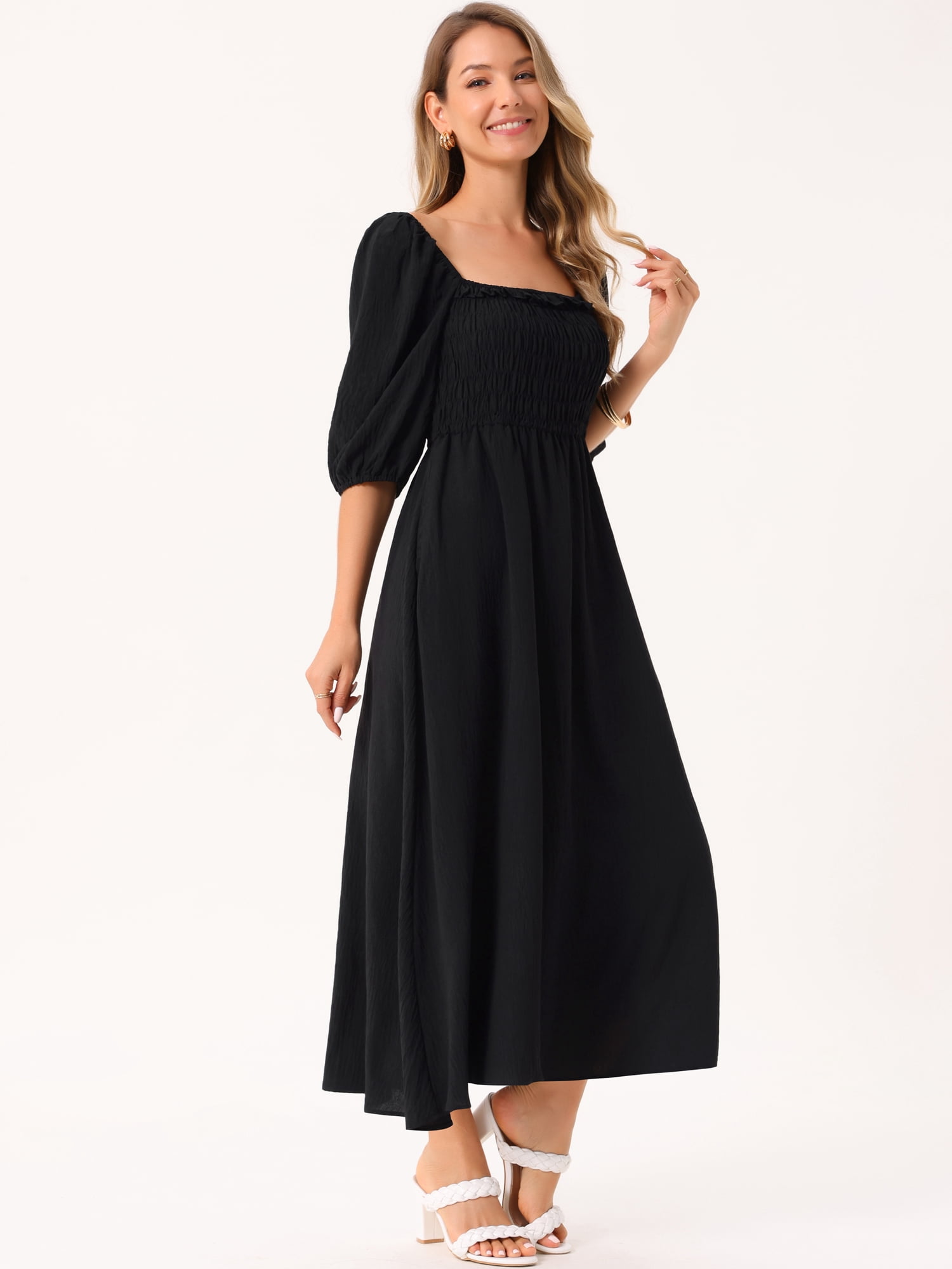 DARING DIVA Puff Half Sleeve Square Neck Smocked Flowy Maxi Dress XL Black