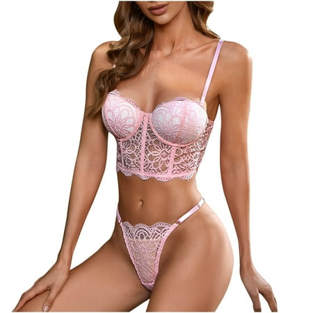 IROINNID Women s V-Neck Sleeveless Lingerie V-Neck At Hip Lingerie Corset Lace Underwire Racy Muslin Tops+Briefs G-String Lingerie Set