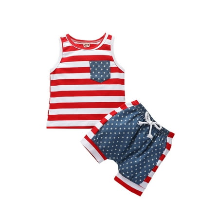 

2Pcs Independence Day Toddlers Outfit Little Girls Boys Round Collar Sleeveless Striped Top + Star Printing Splicing Shorts Red 0-24Months