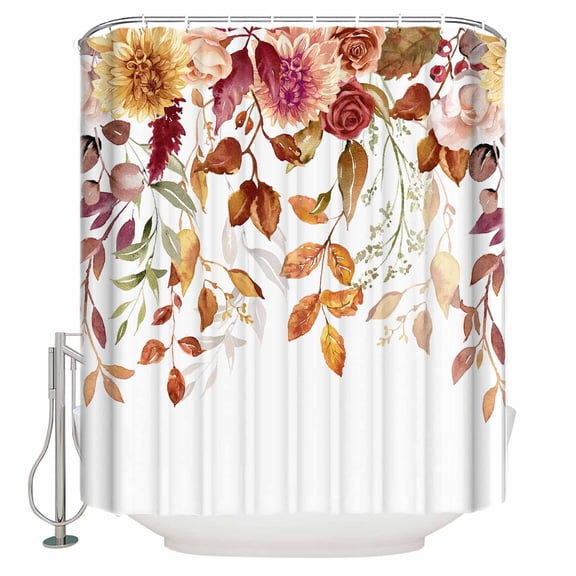 Fabric Shower Curtain, Fall Thanksgiving Flowers Plants Eucalyptus Leaves Shower Curtains with 12 Hooks Waterproof Machine Washable Bath Curtains for Bathroom, 36 x 78in
