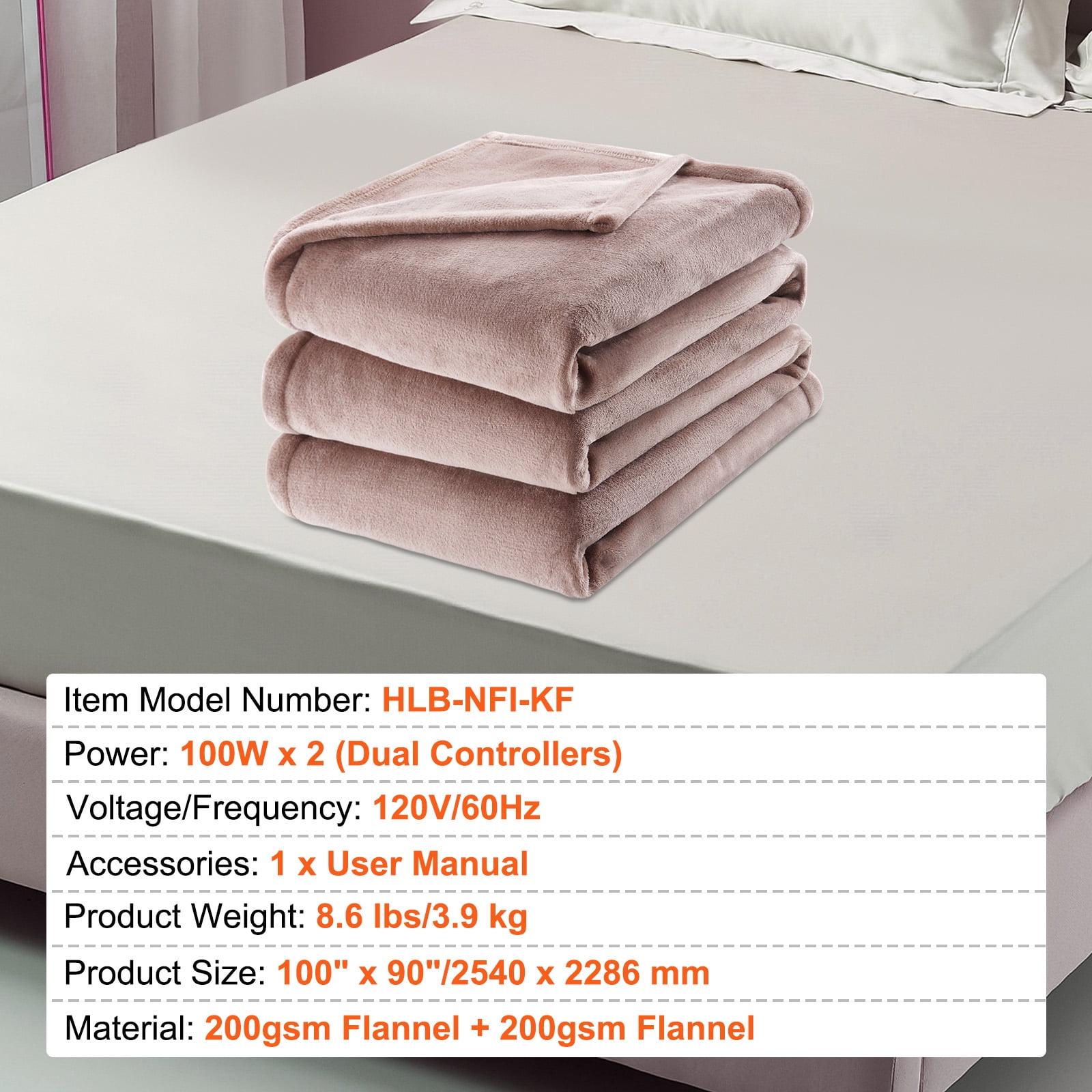 KFFKFF Electric Heated Blanket, Heated Blanket, Flannel, 100×90 in, Beige