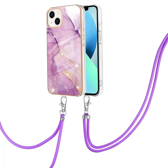 SaniMore for iPhone 14 Plus 6.7" 2022 Case with Detachable Crossbody Lanyard Shockproof TPU Backplane Marble Pattern Luxury Fashion Anti-drop Slim Lightweight Cover For iPhone 14 Plus, Lightpurple