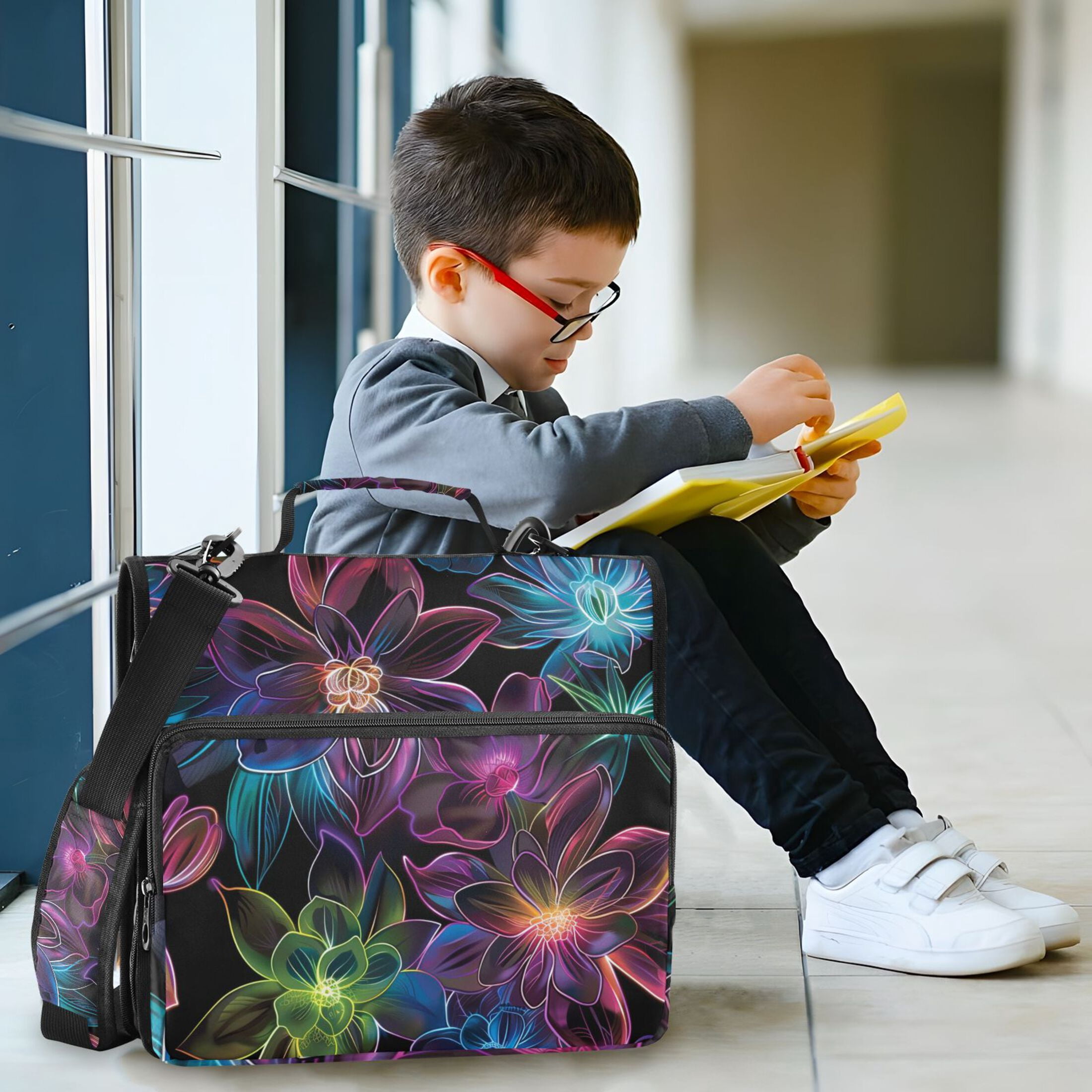 3 Ring Zipper Binder with Shoulder Strap Waterproof Trapper Keeper 2 Inch D-Ring 500 Sheets Capacity Neon Flowers